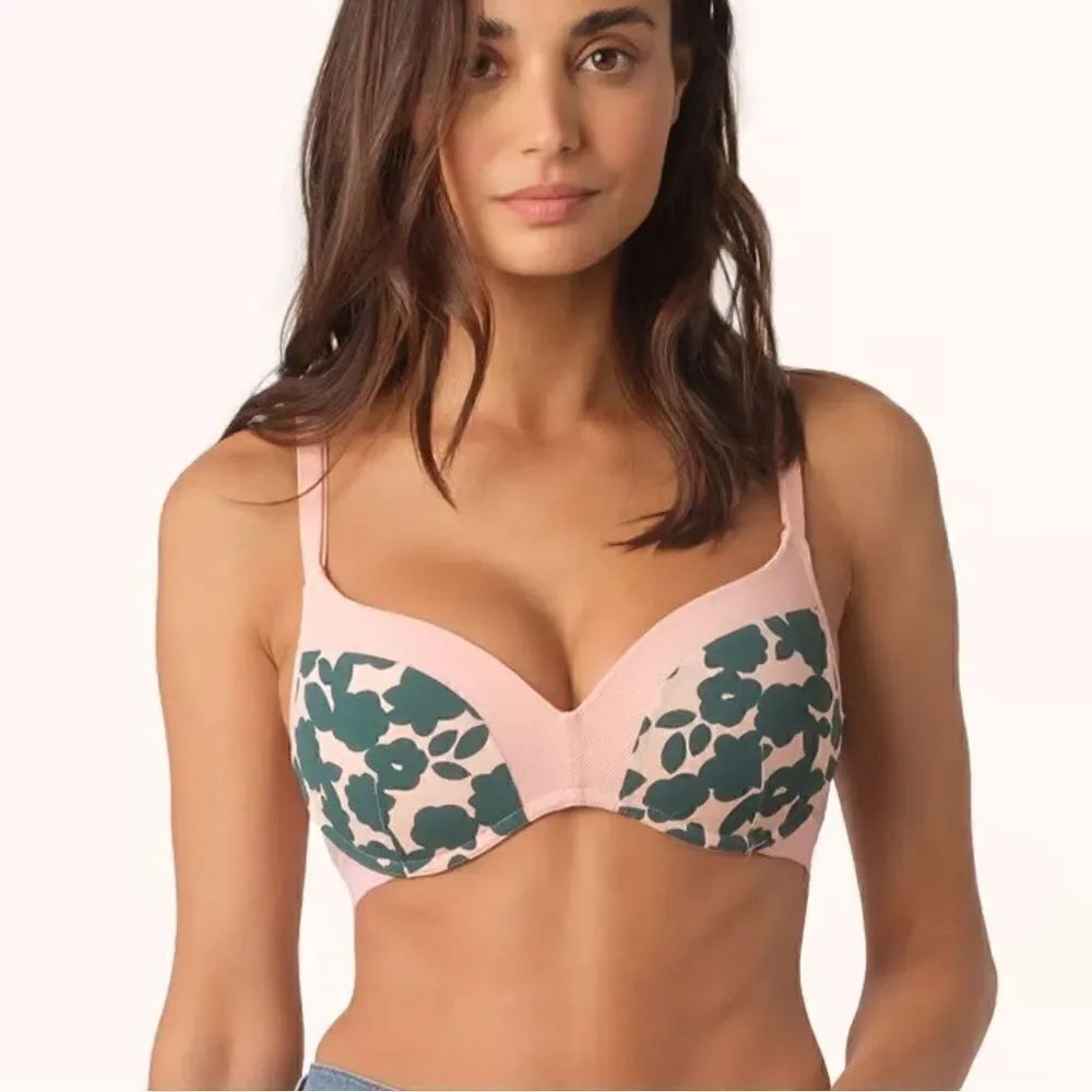 Lively No Wire Push Up Pink Green Retro Blooms Bra Women’s 36B